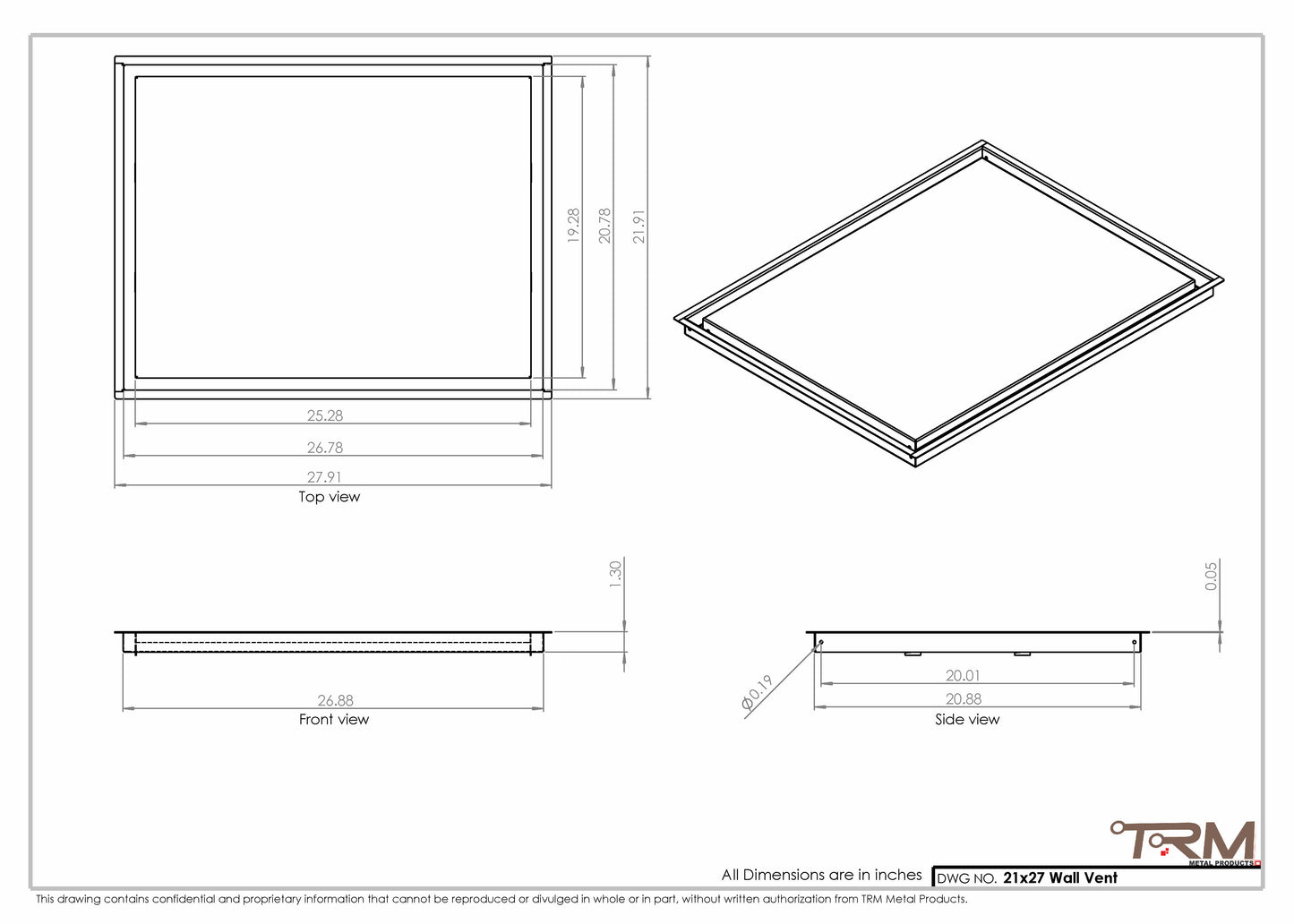 21x27 - Wall Vent - Modern Vent Cover -  Return Air Vent - TRM Metal  27x21
