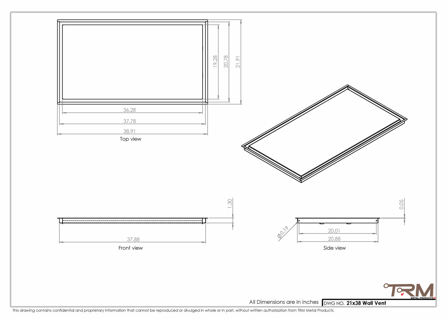 21x38 - Wall Vent - Modern Vent Cover -  Return Air Vent - TRM Metal  38x21