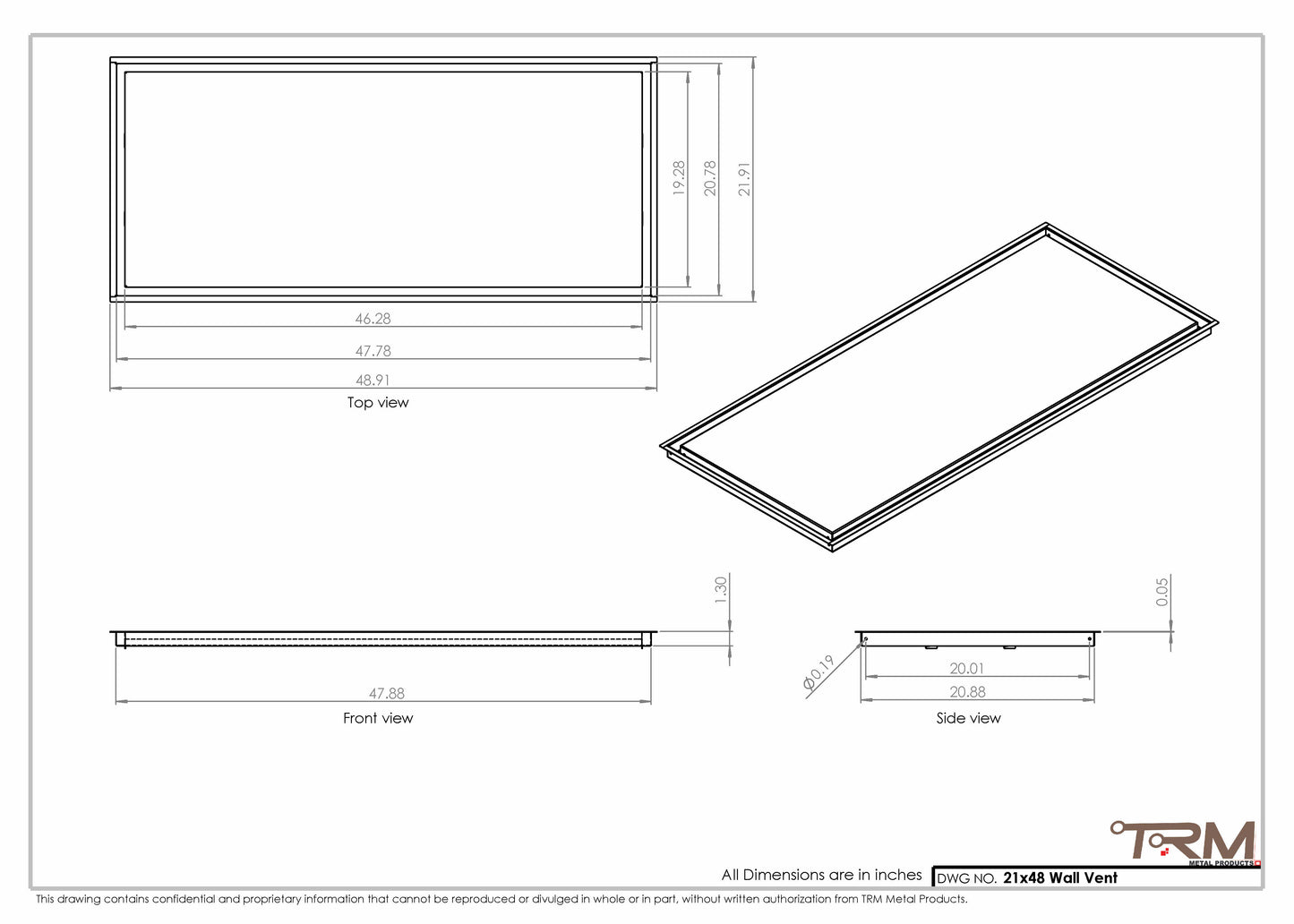 21x48 - Wall Vent - Modern Vent Cover -  Return Air Vent - TRM Metal  48x21