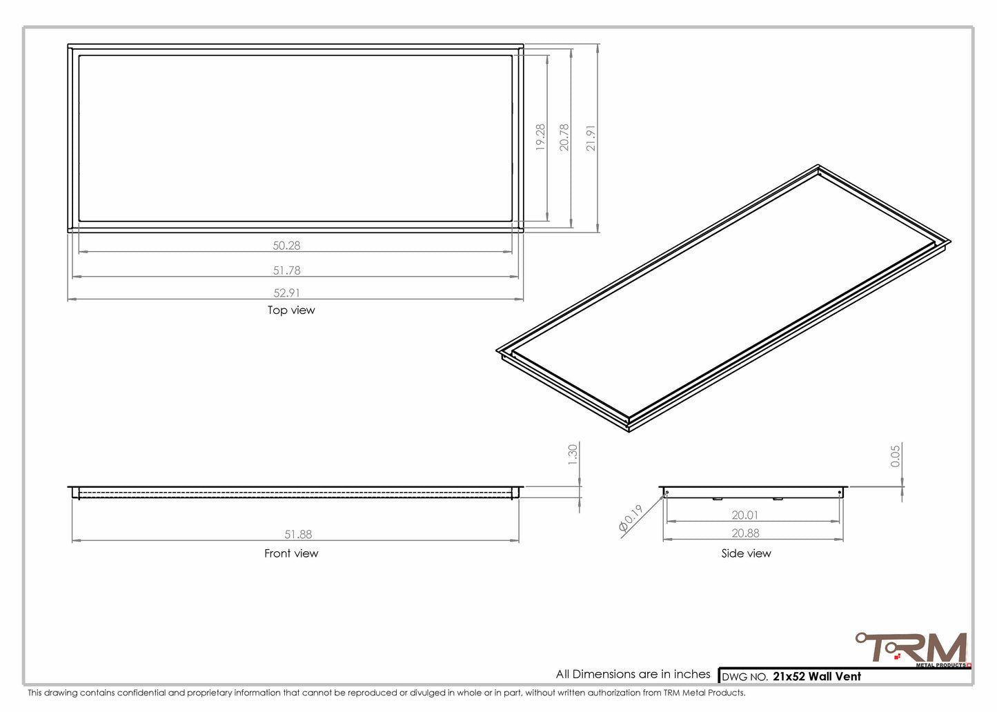 21x52 - Wall Vent - Modern Vent Cover -  Return Air Vent - TRM Metal  52x21