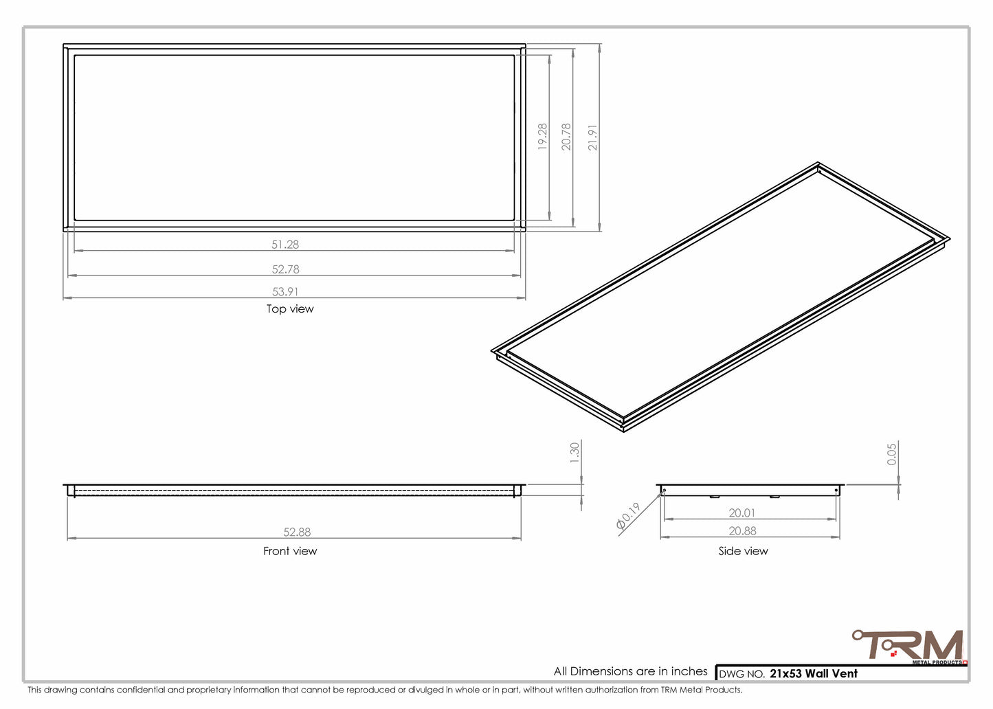 21x53 - Wall Vent - Modern Vent Cover -  Return Air Vent - TRM Metal  53x21