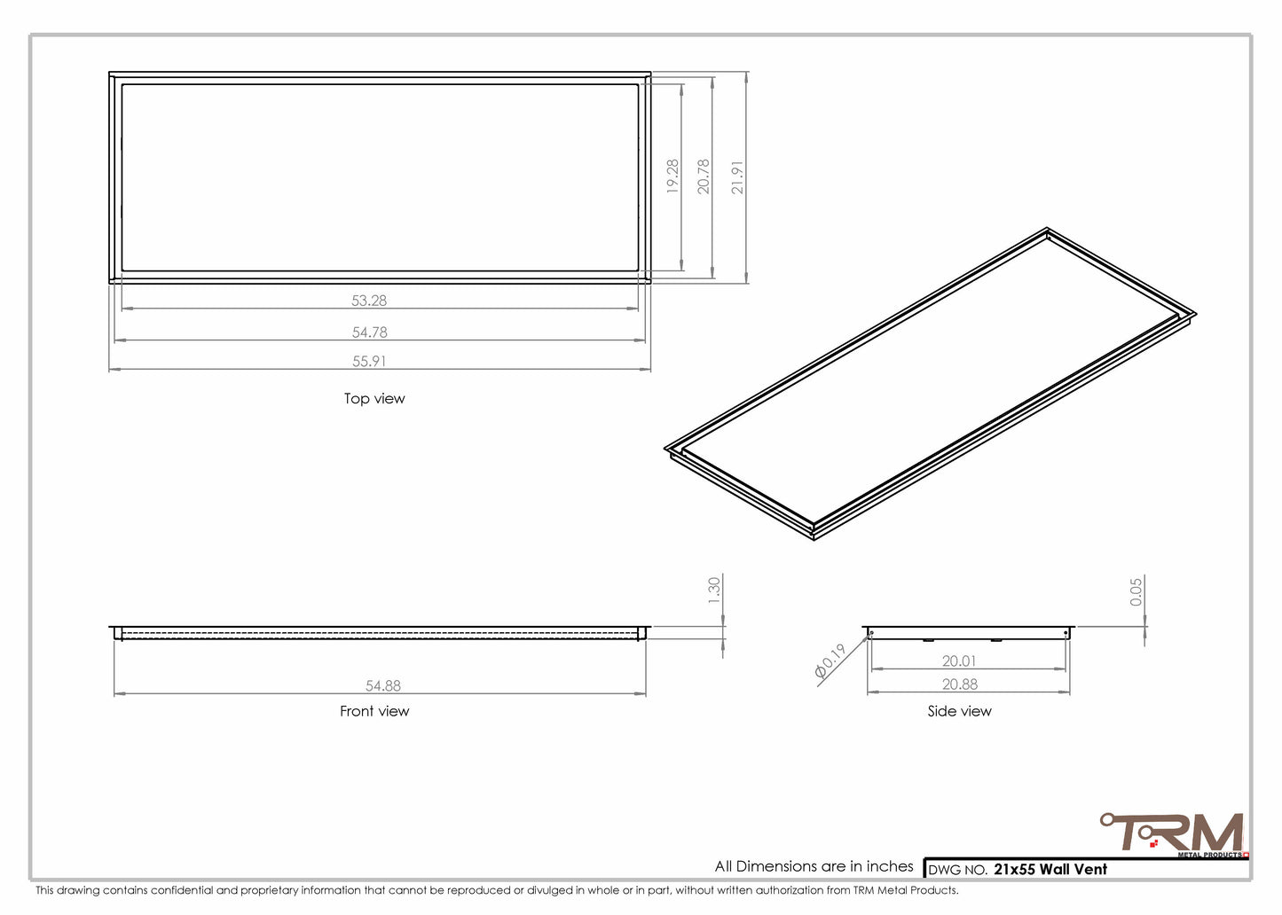 21x55 - Wall Vent - Modern Vent Cover -  Return Air Vent - TRM Metal  55x21