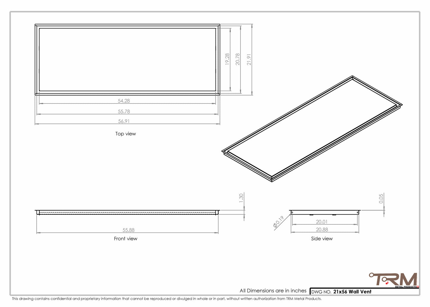 21x56 - Wall Vent - Modern Vent Cover -  Return Air Vent - TRM Metal  56x21