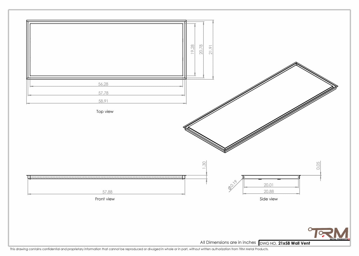 21x58 - Wall Vent - Modern Vent Cover -  Return Air Vent - TRM Metal  58x21