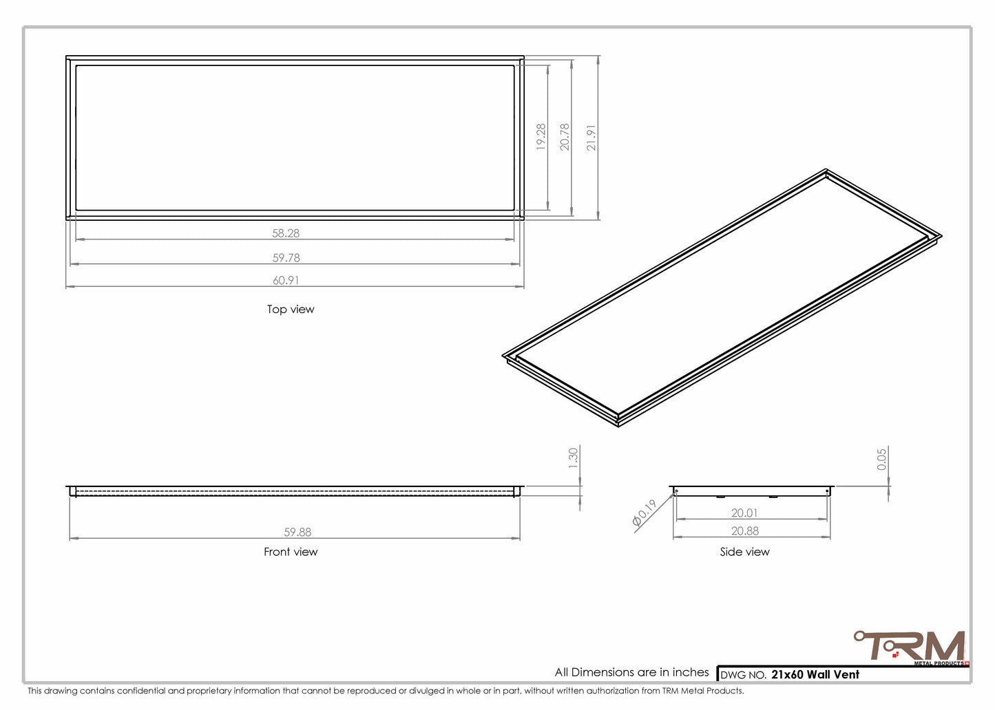 21x60 - Wall Vent - Modern Vent Cover -  Return Air Vent - TRM Metal  60x21