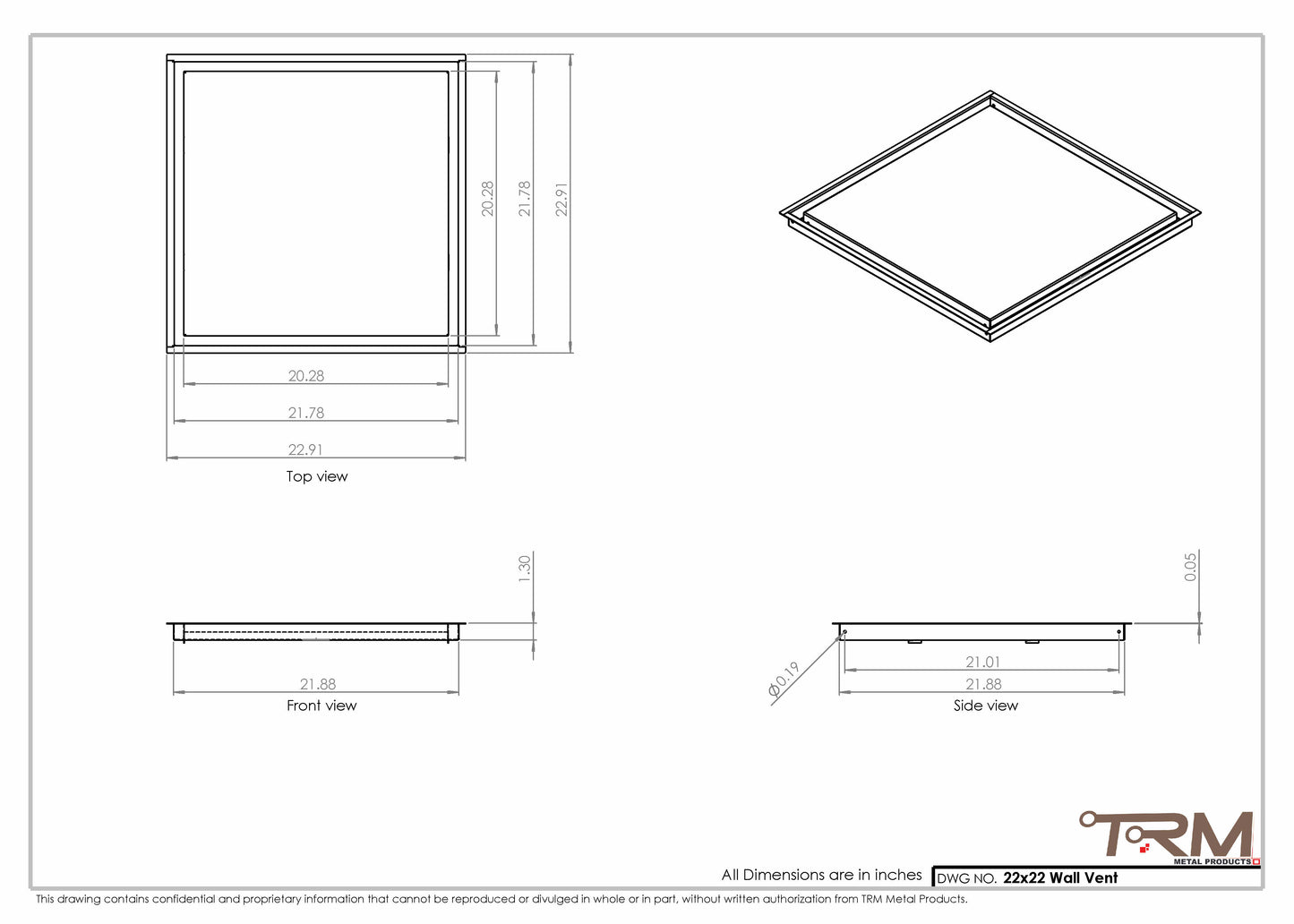22x22 - Wall Vent - Modern Vent Cover -  Return Air Vent - TRM Metal  22x22