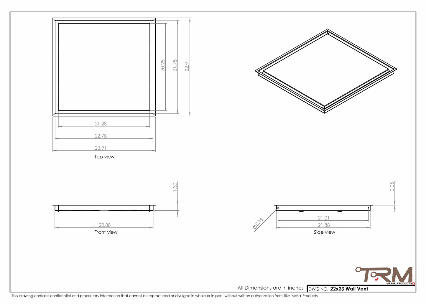 22x23 - Wall Vent - Modern Vent Cover -  Return Air Vent - TRM Metal  23x22