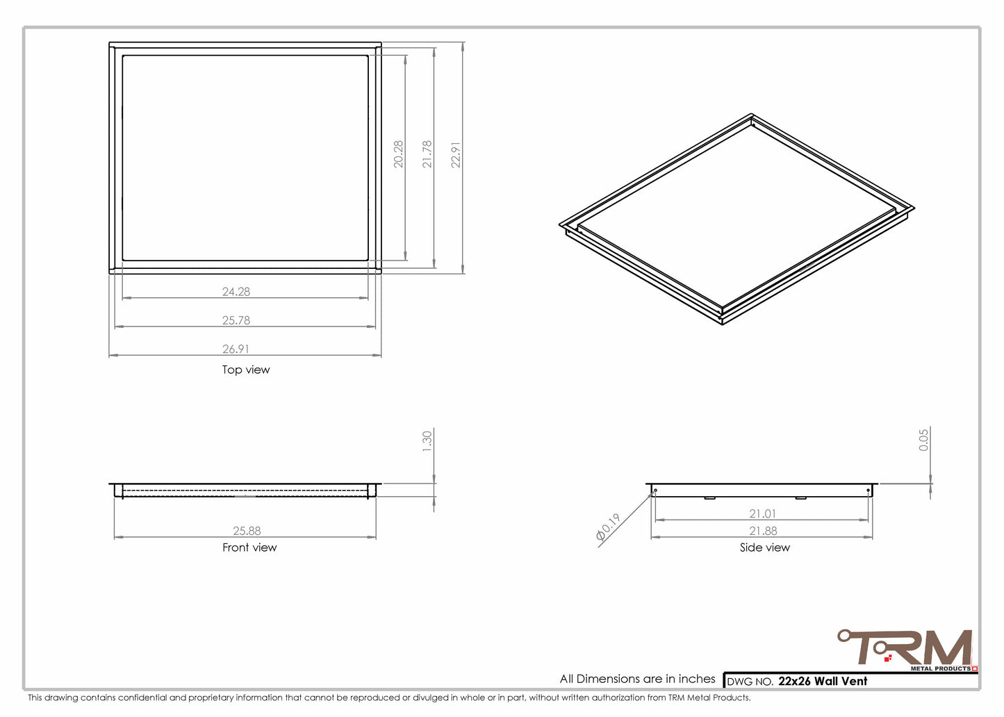 22x26 - Wall Vent - Modern Vent Cover -  Return Air Vent - TRM Metal  26x22