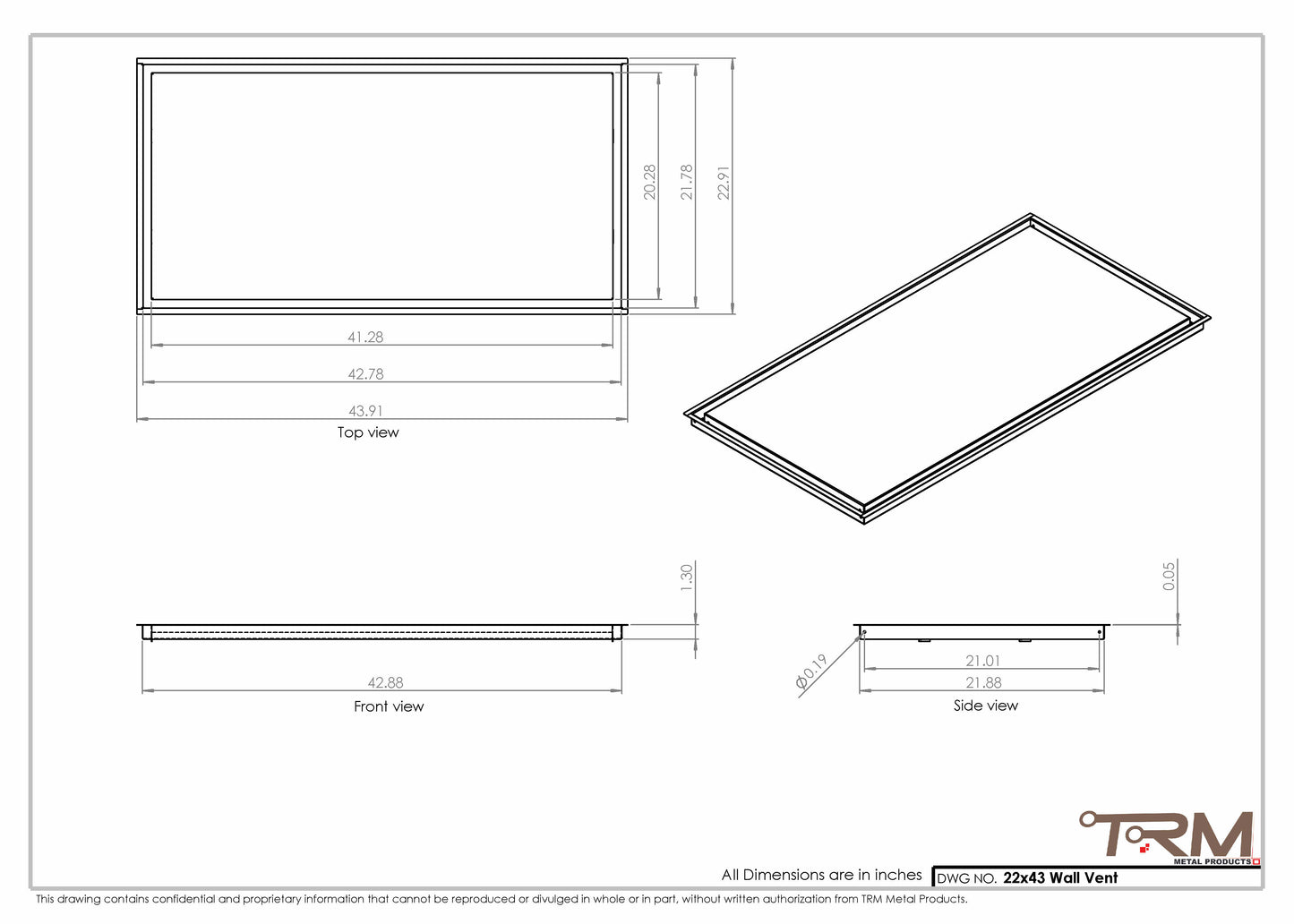 22x43 - Wall Vent - Modern Vent Cover -  Return Air Vent - TRM Metal  43x22