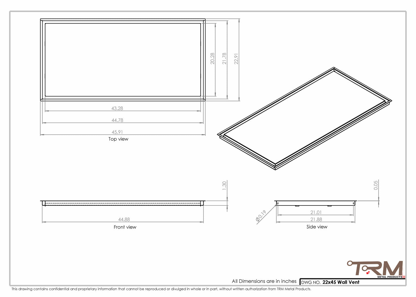 22x45 - Wall Vent - Modern Vent Cover -  Return Air Vent - TRM Metal  45x22