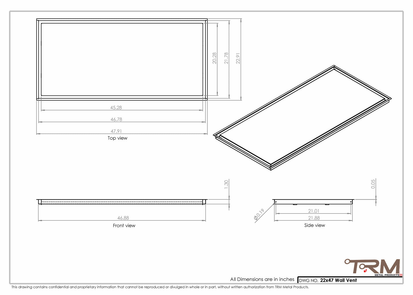 22x47 - Wall Vent - Modern Vent Cover -  Return Air Vent - TRM Metal  47x22