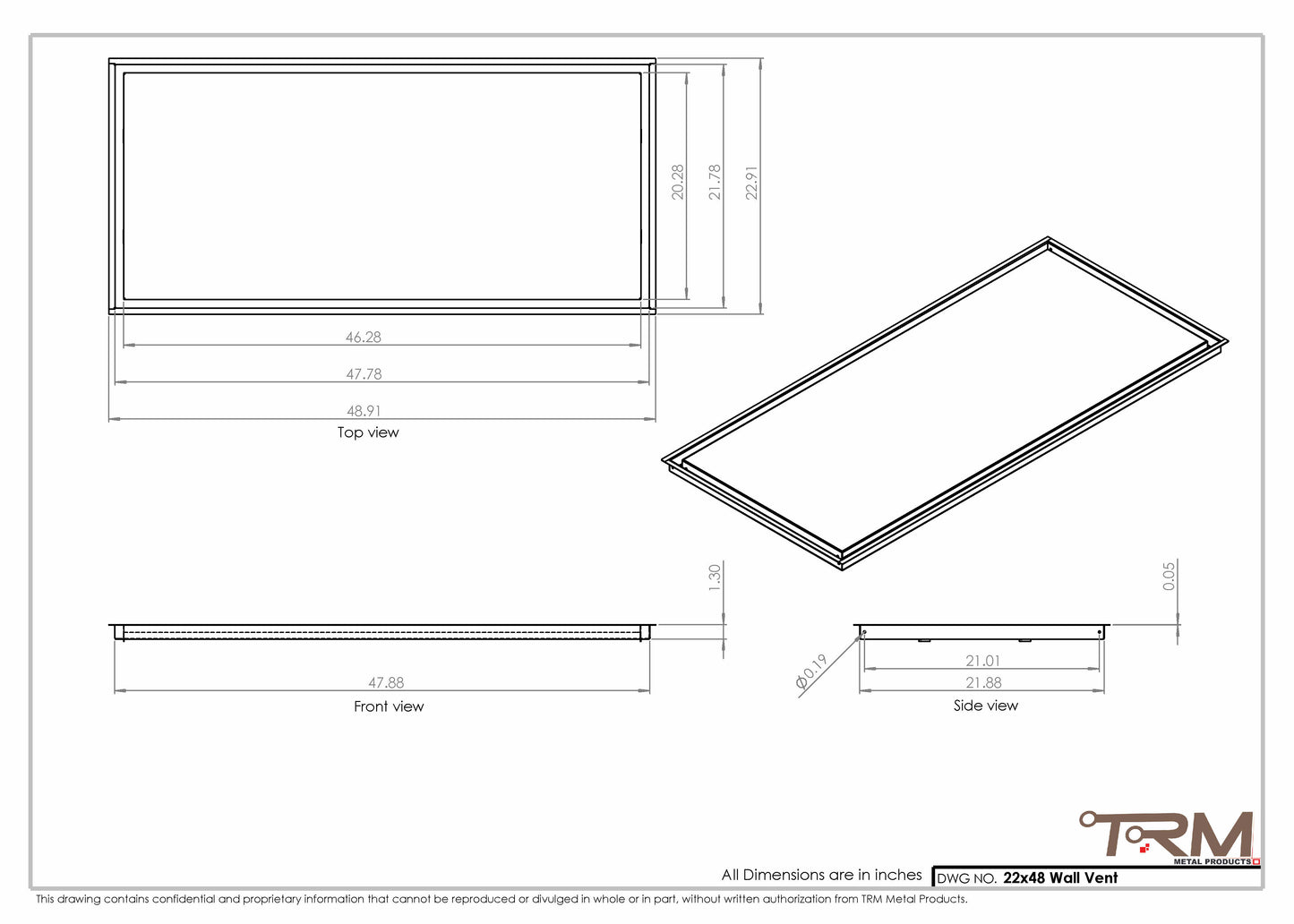 22x48 - Wall Vent - Modern Vent Cover -  Return Air Vent - TRM Metal  48x22