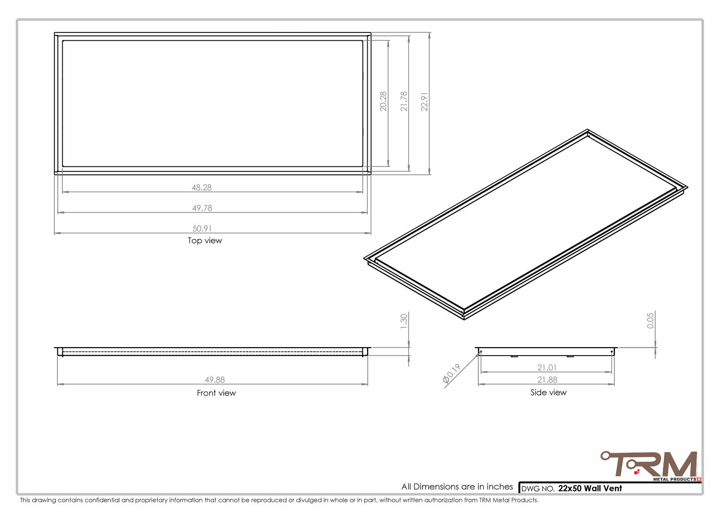 22x50 - Wall Vent - Modern Vent Cover -  Return Air Vent - TRM Metal  50x22