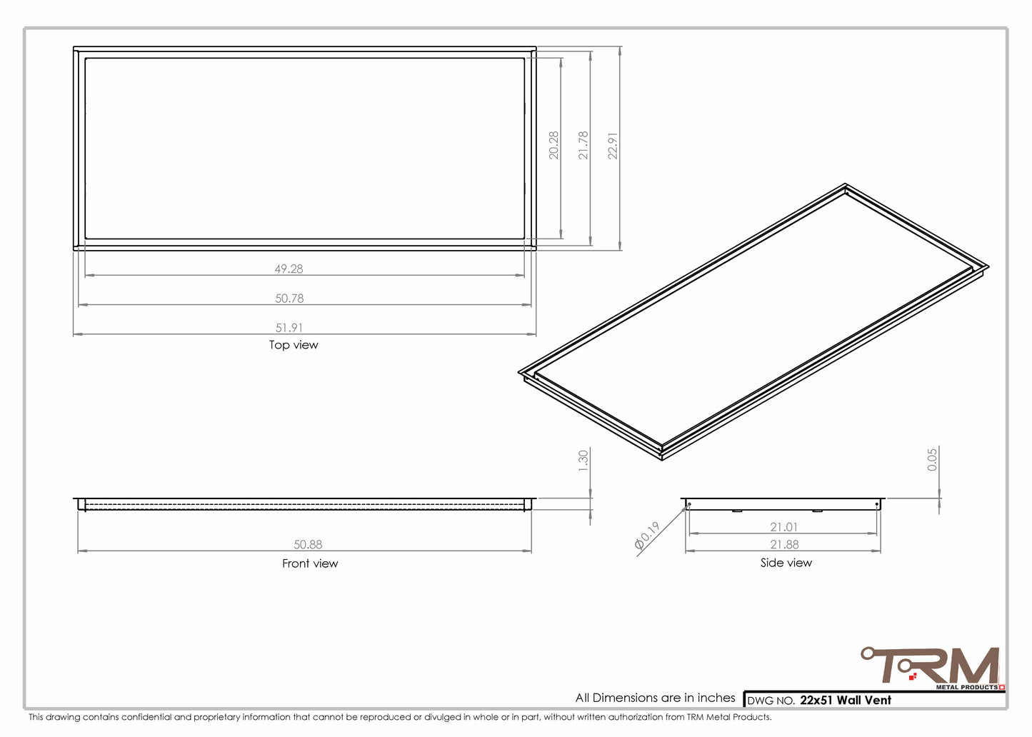 22x51 - Wall Vent - Modern Vent Cover -  Return Air Vent - TRM Metal  51x22