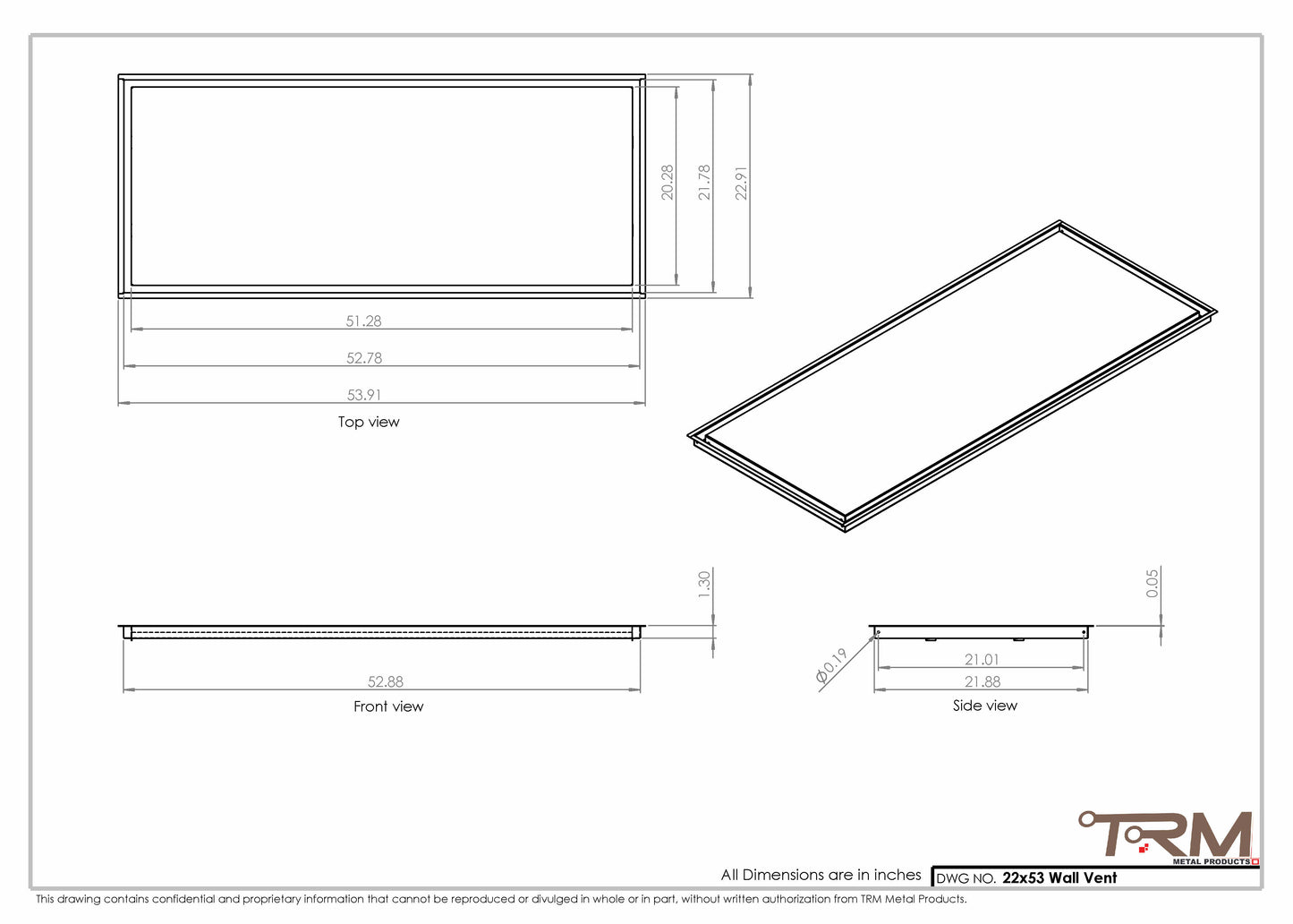 22x53 - Wall Vent - Modern Vent Cover -  Return Air Vent - TRM Metal  53x22