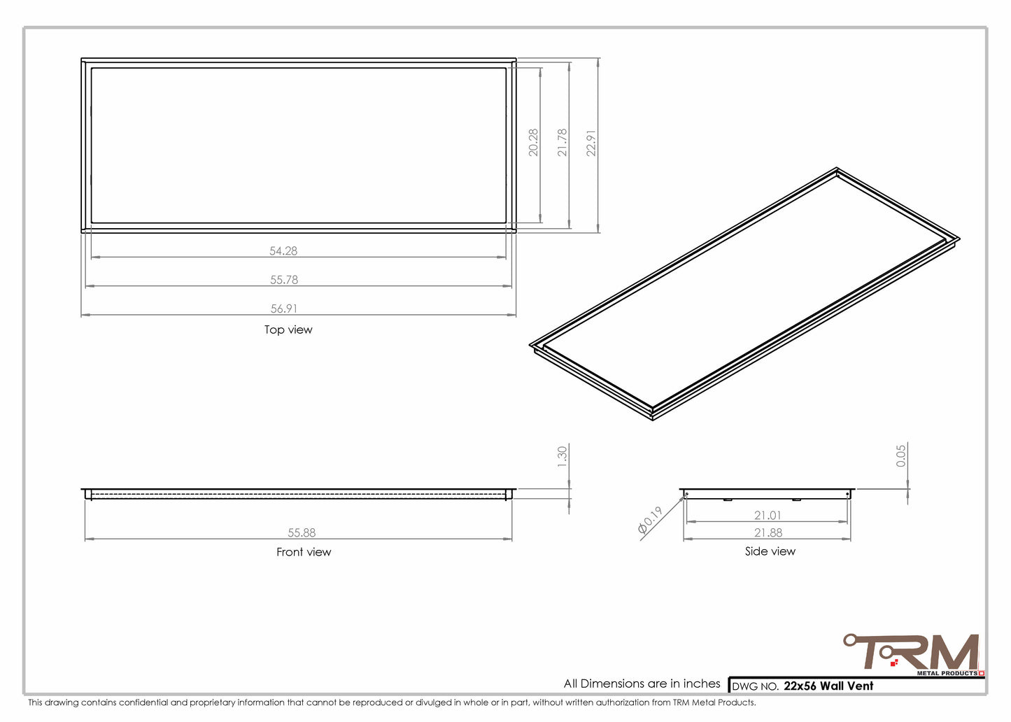 22x56 - Wall Vent - Modern Vent Cover -  Return Air Vent - TRM Metal  56x22