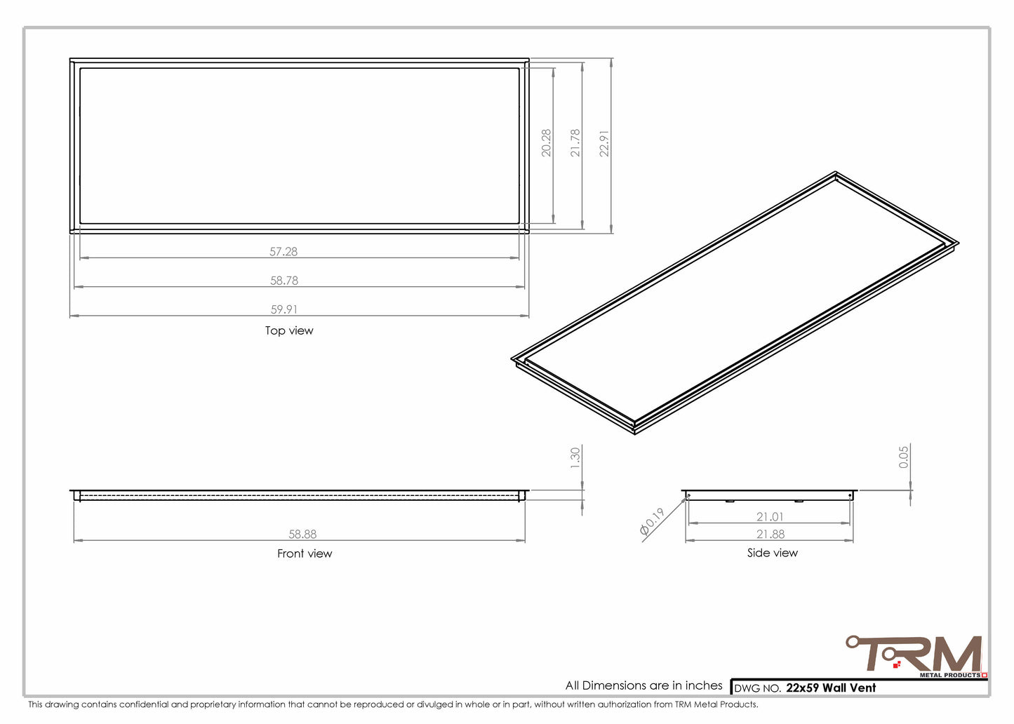 22x59 - Wall Vent - Modern Vent Cover -  Return Air Vent - TRM Metal  59x22