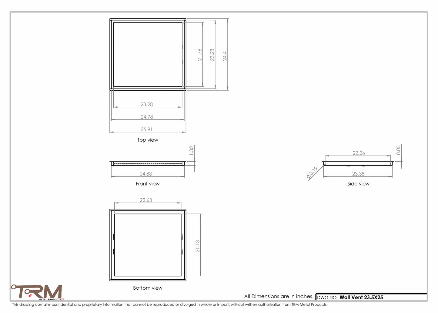 23.5x25 - Wall Vent - Modern Vent Cover -  Return Air Vent - TRM Metal  25x23.5