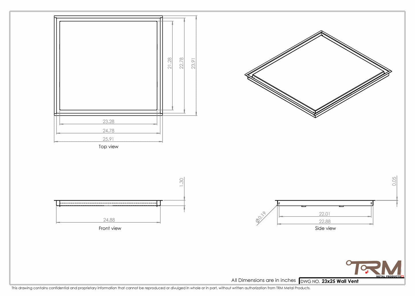 23x25 - Wall Vent - Modern Vent Cover -  Return Air Vent - TRM Metal  25x23