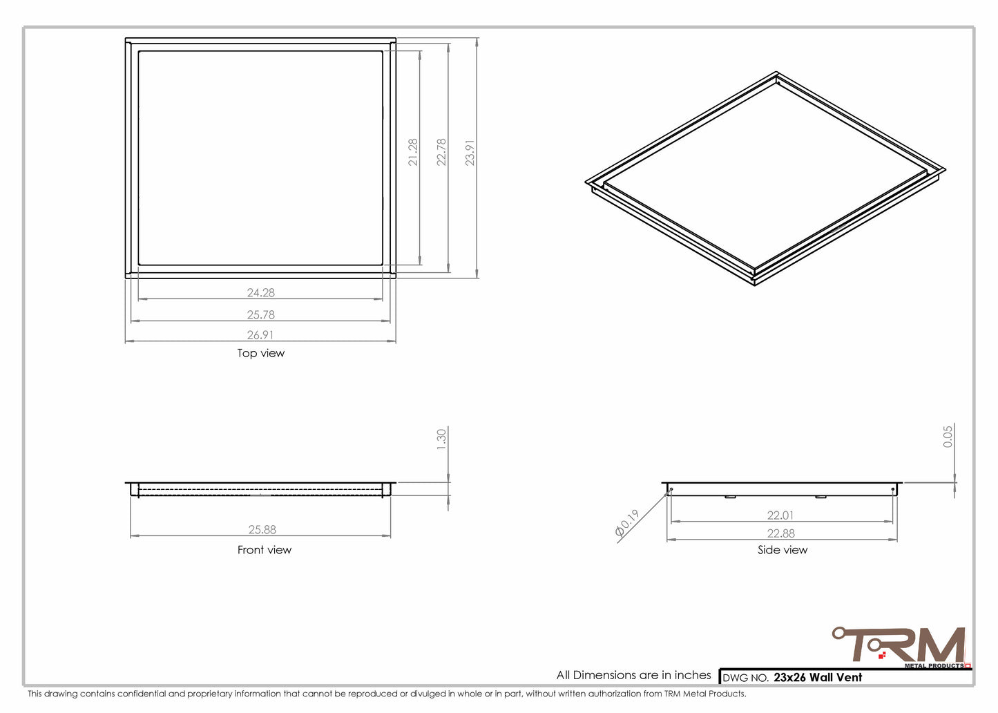 23x26 - Wall Vent - Modern Vent Cover -  Return Air Vent - TRM Metal  26x23
