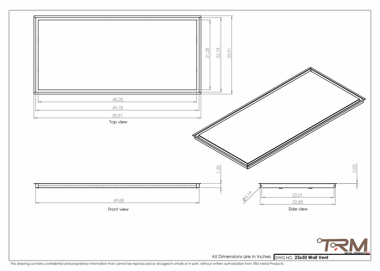 23x50 - Wall Vent - Modern Vent Cover -  Return Air Vent - TRM Metal  50x23