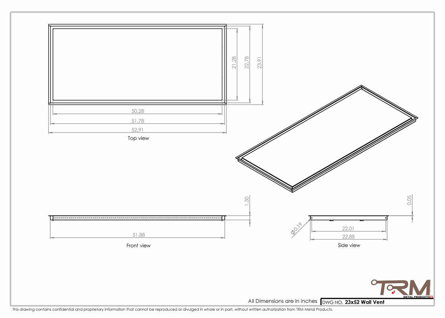 23x52 - Wall Vent - Modern Vent Cover -  Return Air Vent - TRM Metal  52x23