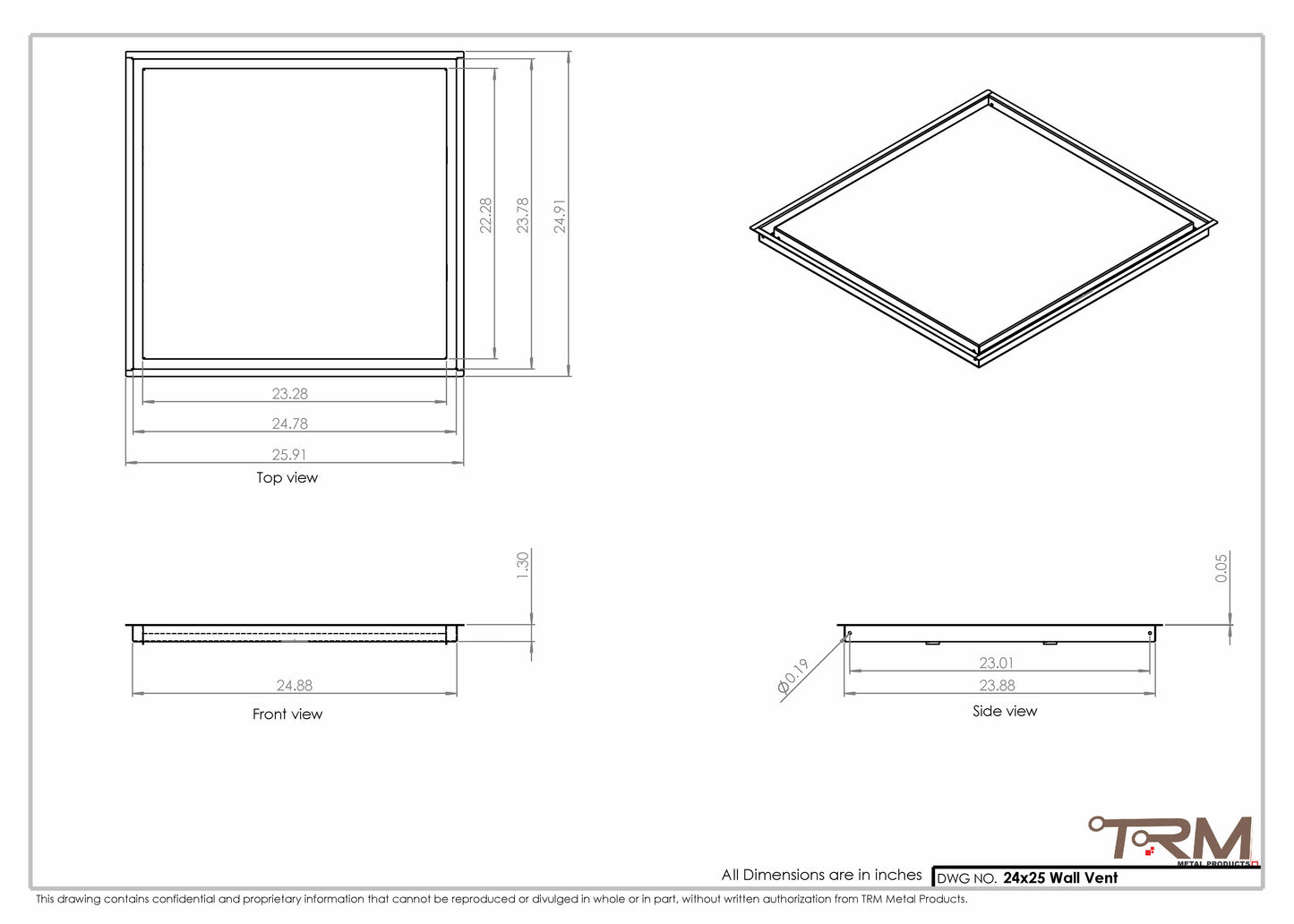 24x25 - Wall Vent - Modern Vent Cover -  Return Air Vent - TRM Metal  25x24