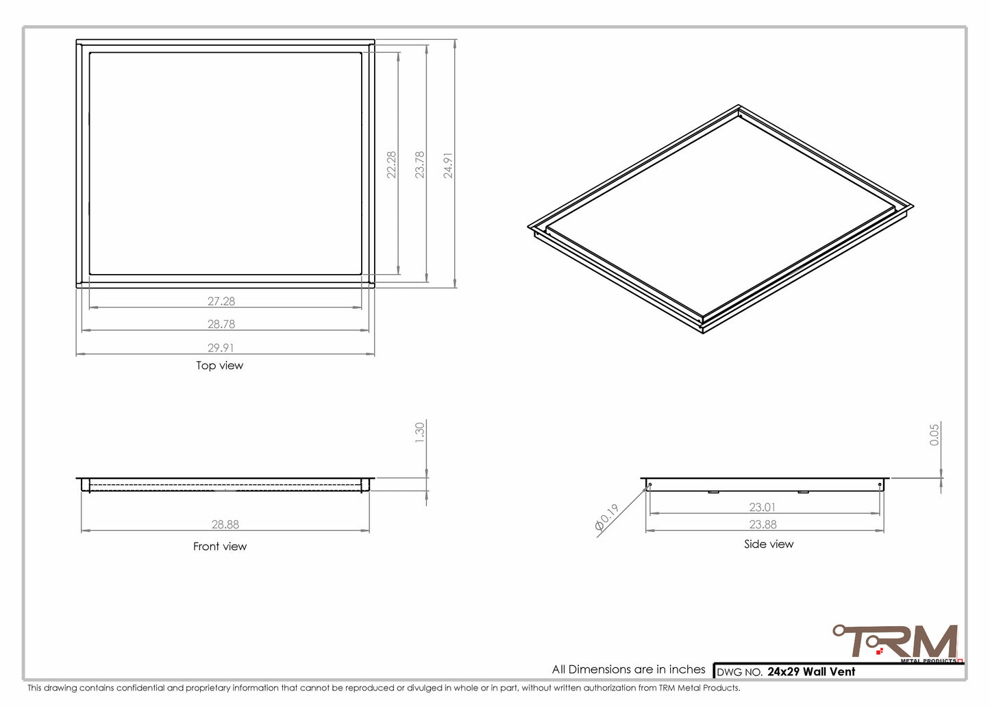 24x29 - Wall Vent - Modern Vent Cover -  Return Air Vent - TRM Metal  29x24