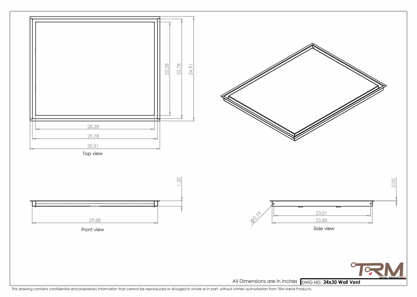24x30 - Wall Vent - Modern Vent Cover -  Return Air Vent - TRM Metal  30x24