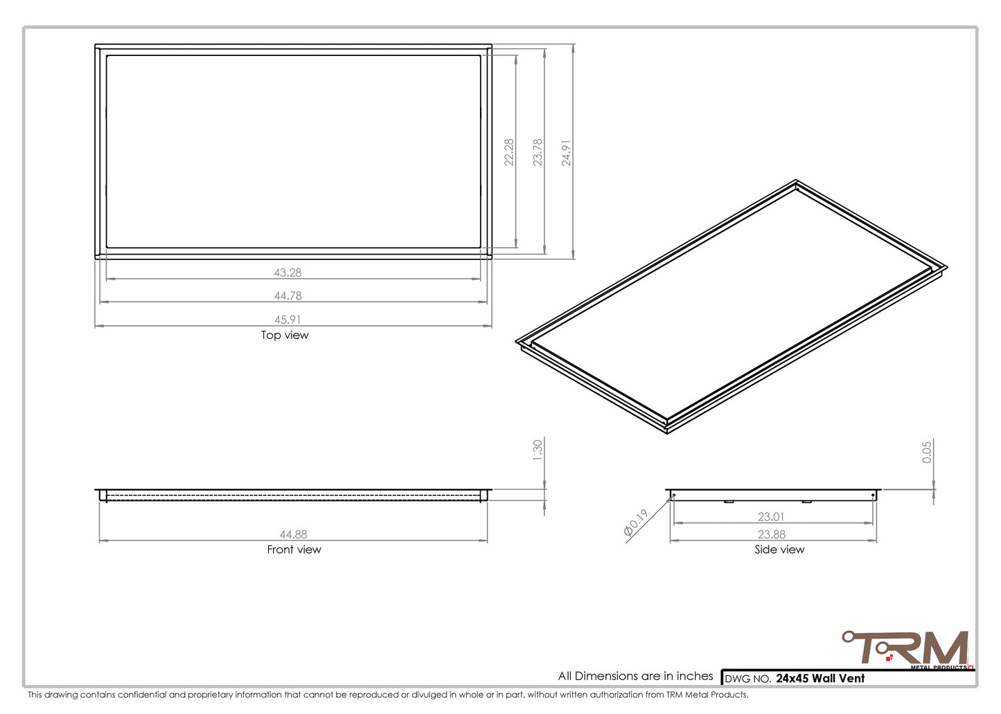 24x45 - Wall Vent - Modern Vent Cover -  Return Air Vent - TRM Metal  45x24