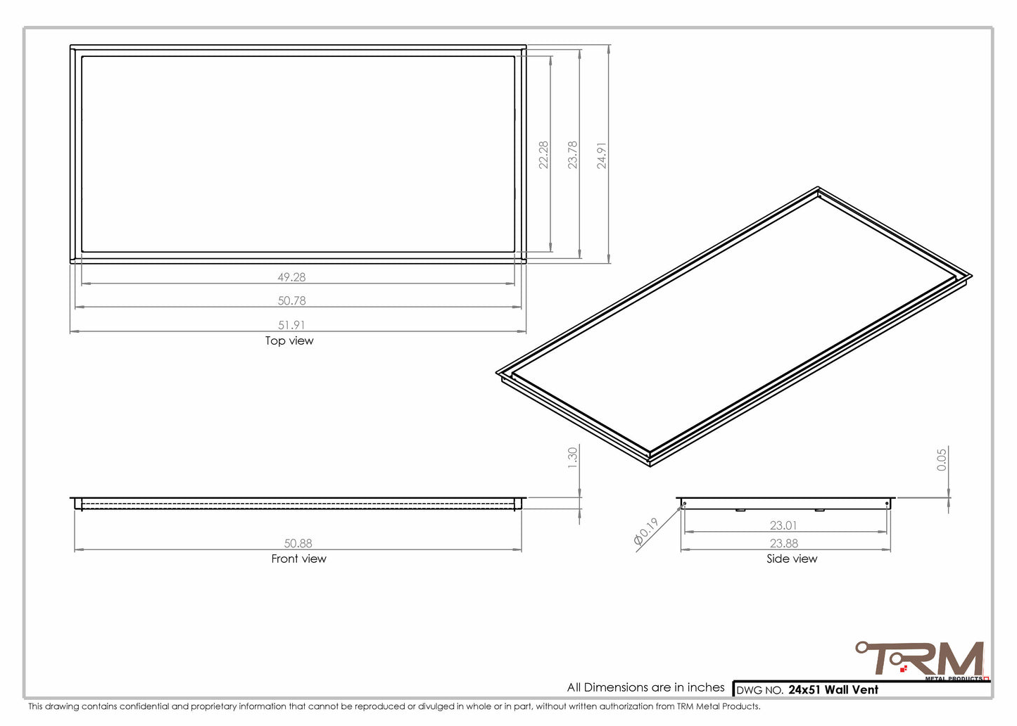 24x51 - Wall Vent - Modern Vent Cover -  Return Air Vent - TRM Metal  51x24
