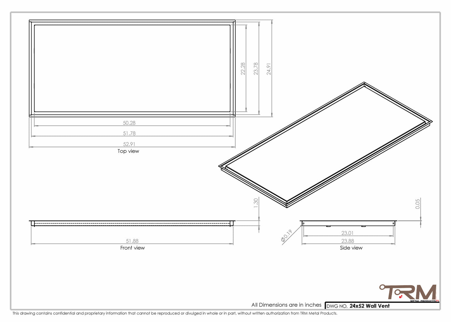 24x52 - Wall Vent - Modern Vent Cover -  Return Air Vent - TRM Metal  52x24