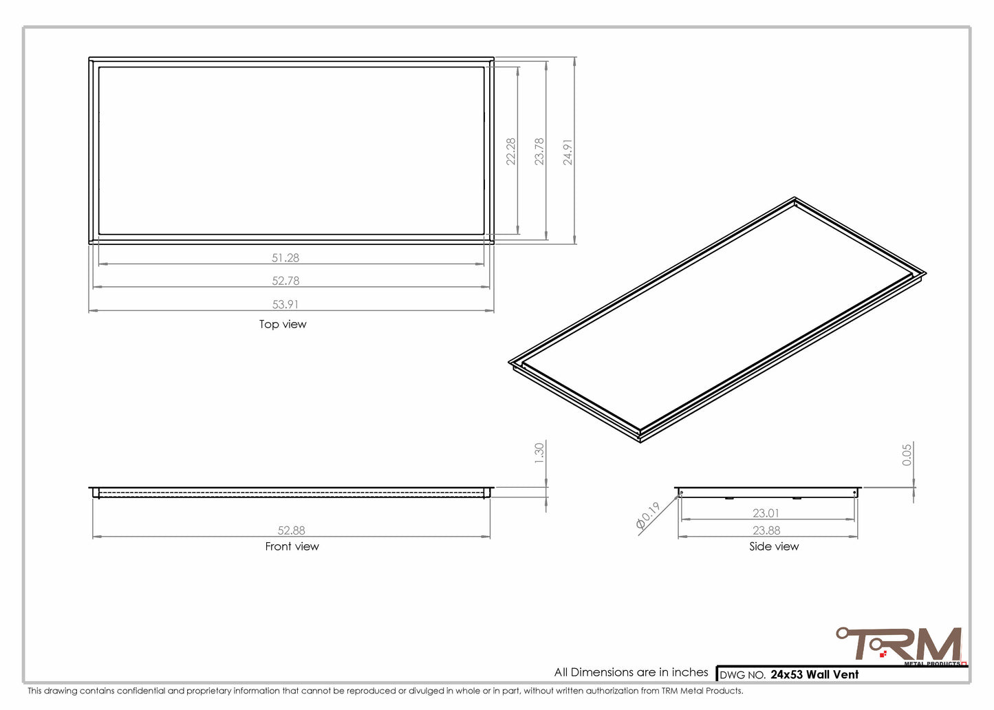 24x53 - Wall Vent - Modern Vent Cover -  Return Air Vent - TRM Metal  53x24