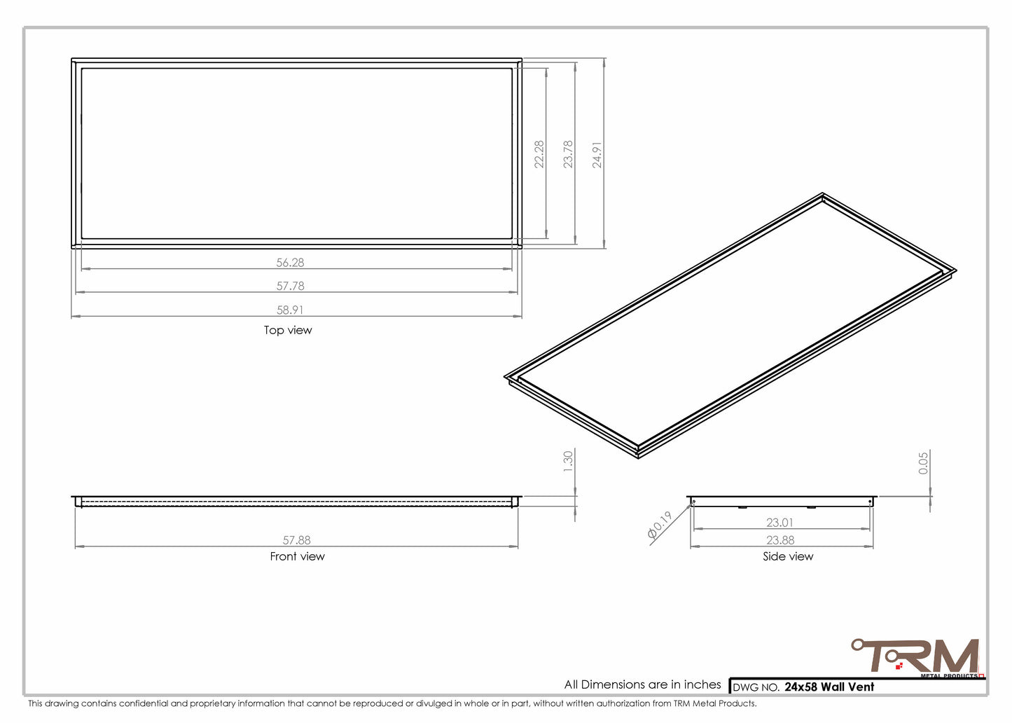 24x58 - Wall Vent - Modern Vent Cover -  Return Air Vent - TRM Metal  58x24
