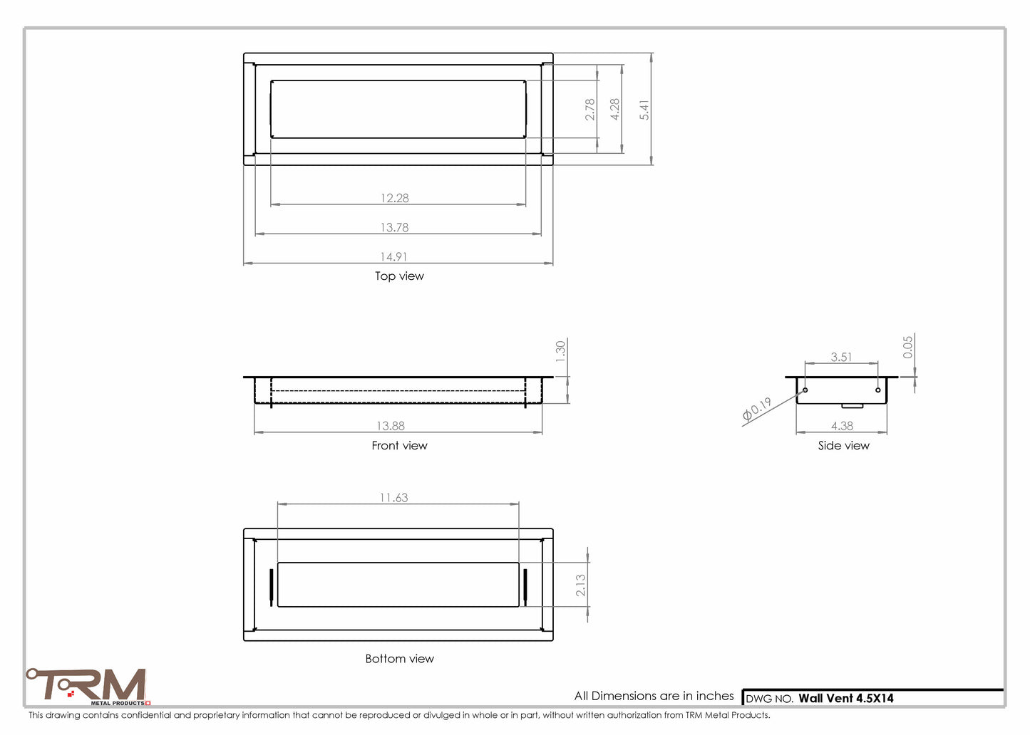 4.5x14 - Wall Vent - Modern Vent Cover -  Return Air Vent - TRM Metal  14x4.5