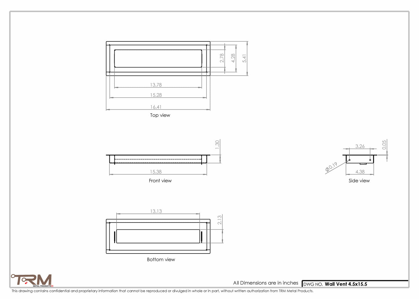 4.5x15.5 - Wall Vent - Modern Vent Cover -  Return Air Vent - TRM Metal  15.5x4.5