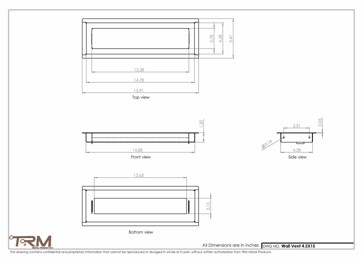 4.5x15 - Wall Vent - Modern Vent Cover -  Return Air Vent - TRM Metal  15x4.5