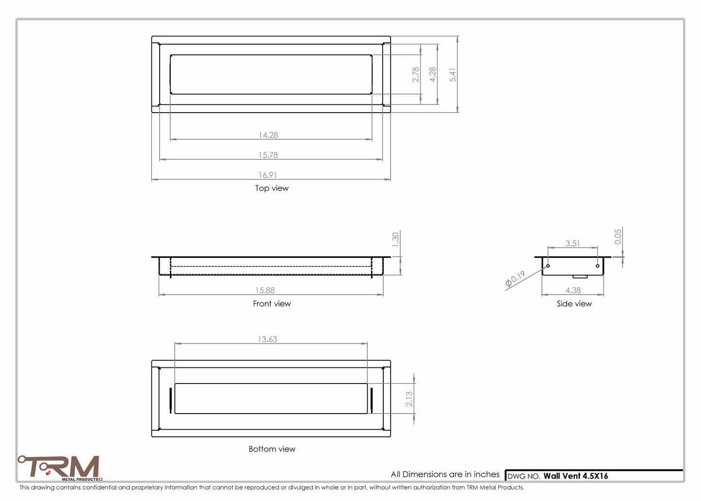 4.5x16 - Wall Vent - Modern Vent Cover -  Return Air Vent - TRM Metal  16x4.5