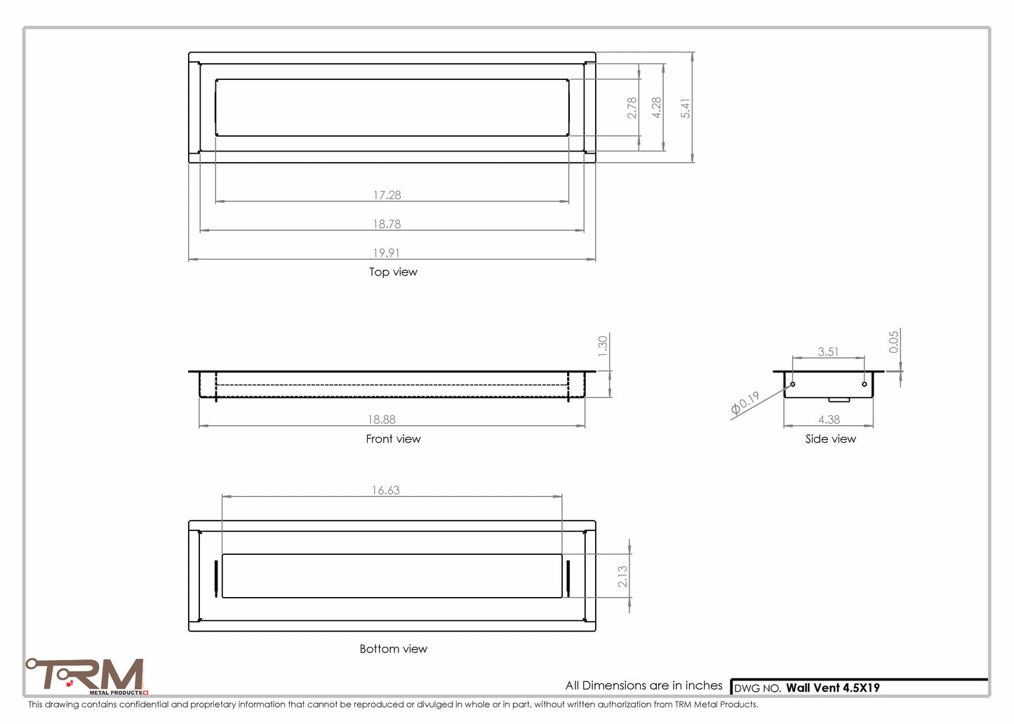 4.5x19 - Wall Vent - Modern Vent Cover -  Return Air Vent - TRM Metal  19x4.5