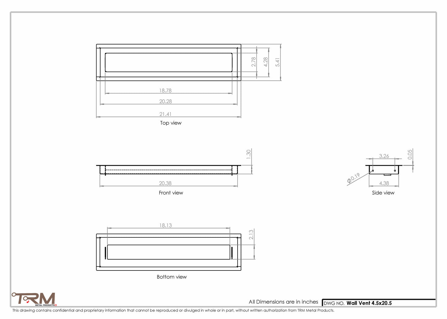 4.5x20.5 - Wall Vent - Modern Vent Cover -  Return Air Vent - TRM Metal  20.5x4.5