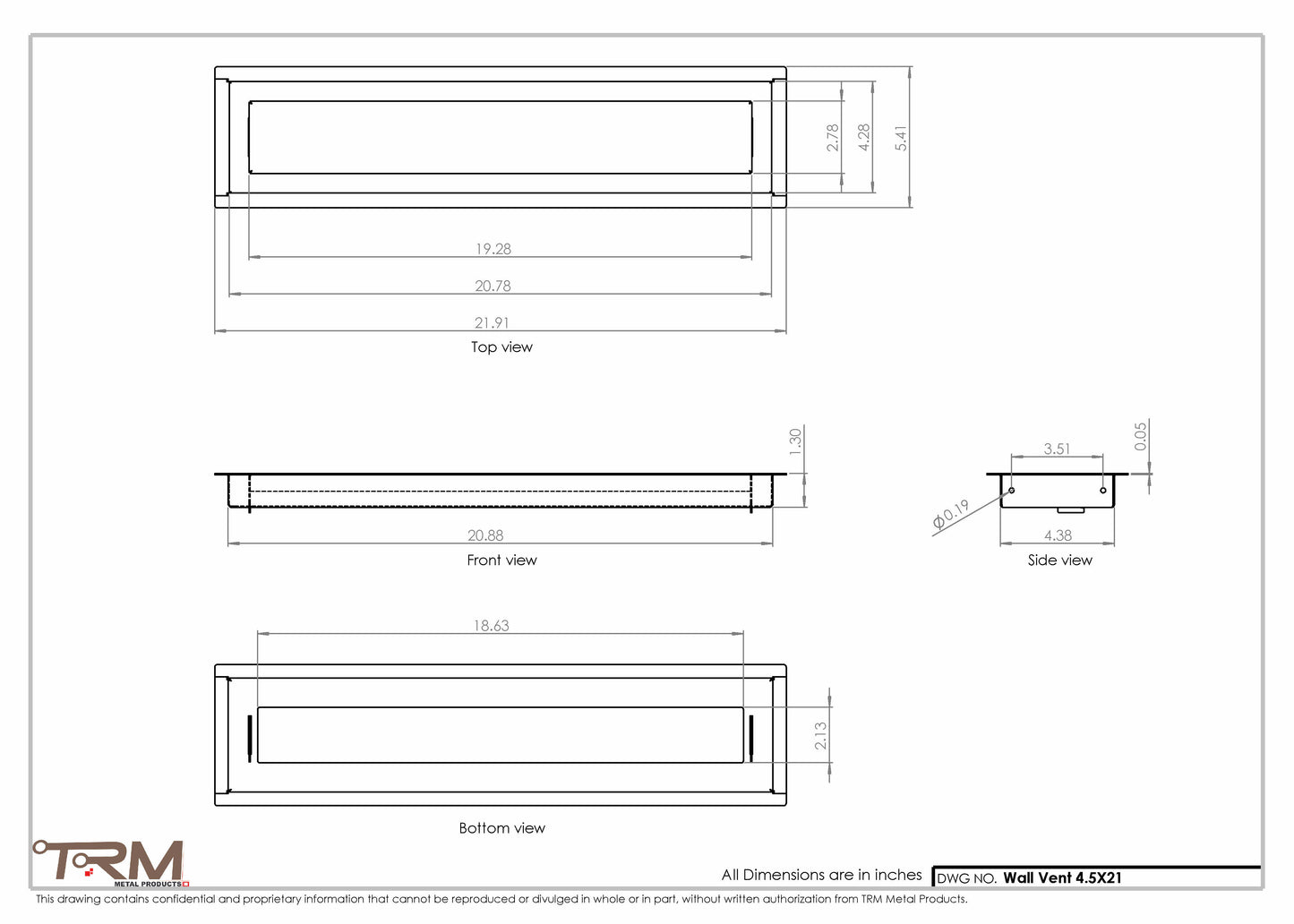 4.5x21 - Wall Vent - Modern Vent Cover -  Return Air Vent - TRM Metal  21x4.5