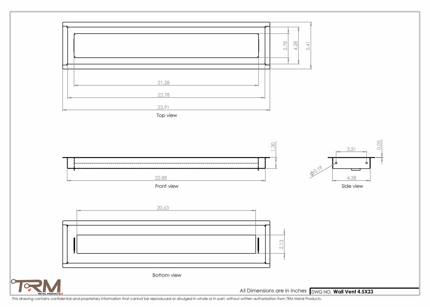 4.5x23 - Wall Vent - Modern Vent Cover -  Return Air Vent - TRM Metal  23x4.5