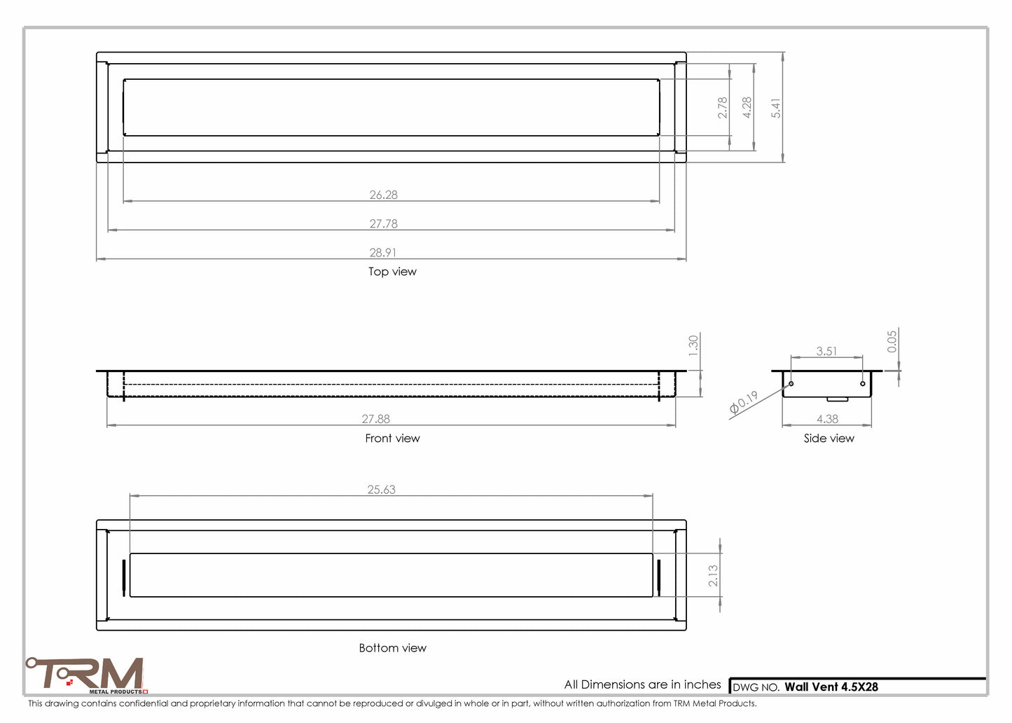 4.5x28 - Wall Vent - Modern Vent Cover -  Return Air Vent - TRM Metal  28x4.5
