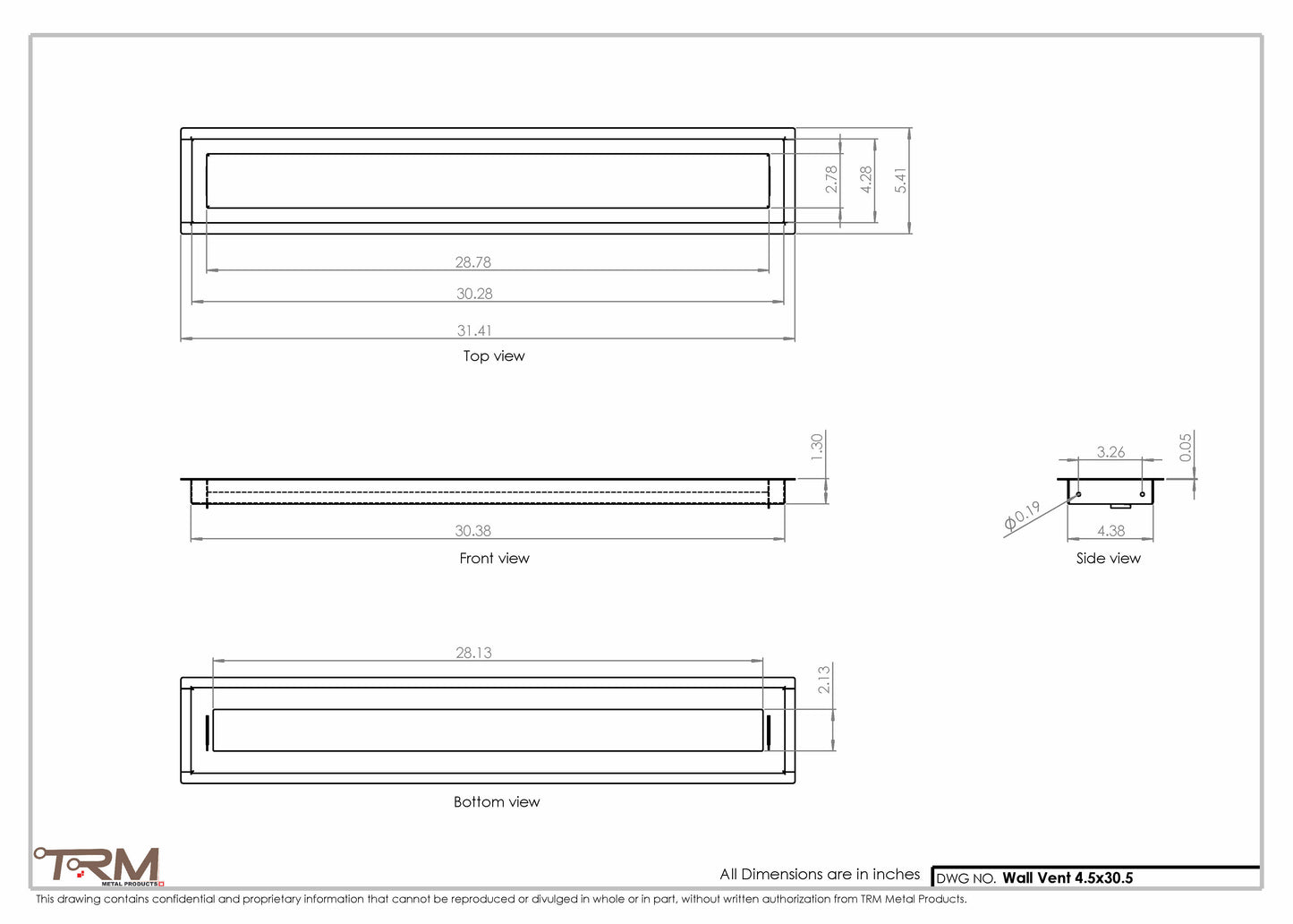 4.5x30.5 - Wall Vent - Modern Vent Cover -  Return Air Vent - TRM Metal  30.5x4.5