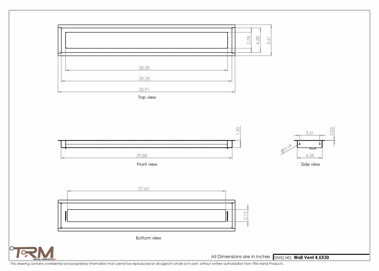 4.5x30 - Wall Vent - Modern Vent Cover -  Return Air Vent - TRM Metal  30x4.5