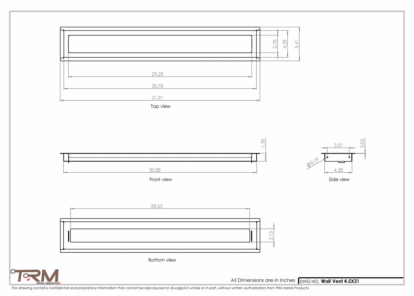 4.5x31 - Wall Vent - Modern Vent Cover -  Return Air Vent - TRM Metal  31x4.5