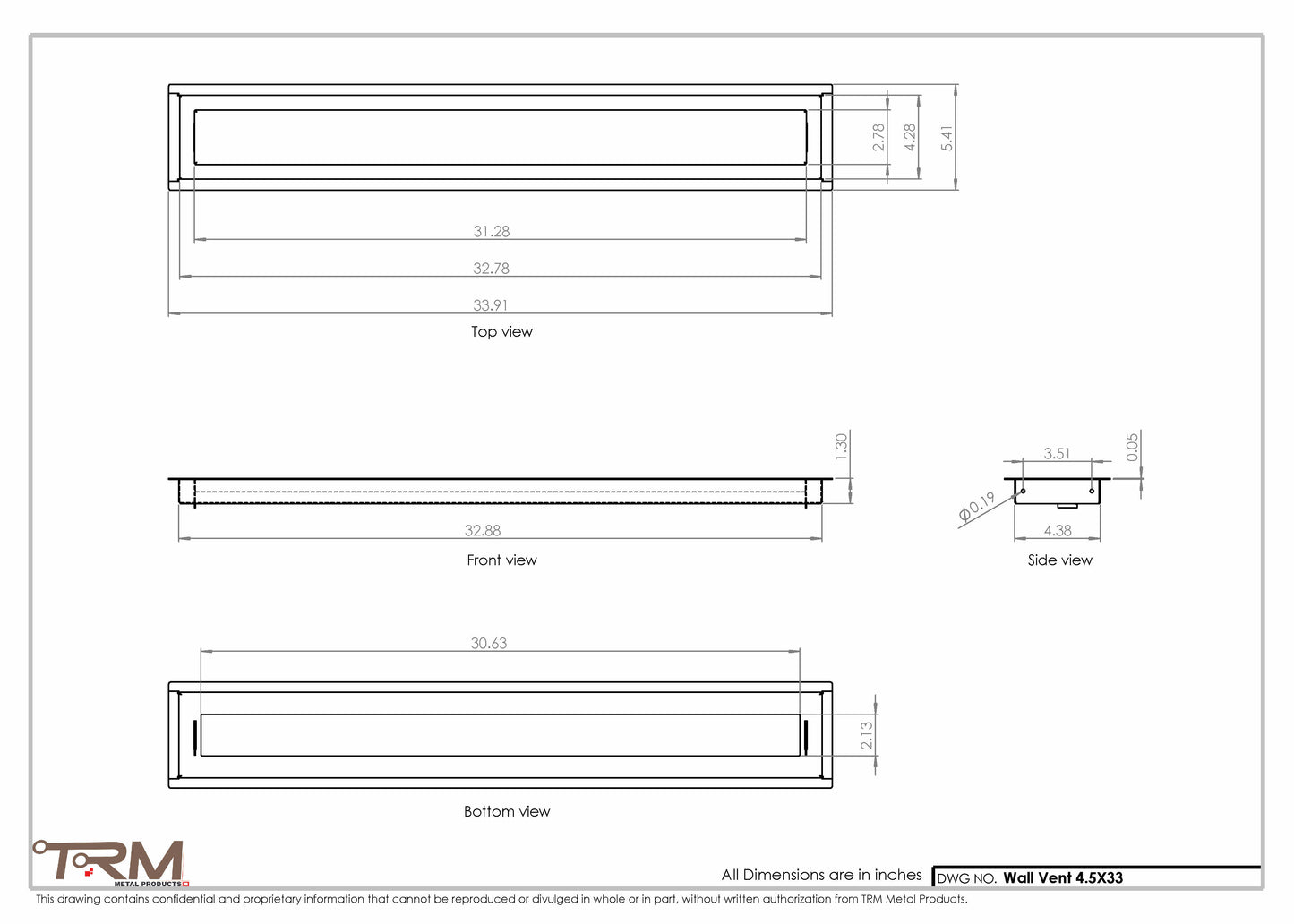 4.5x33 - Wall Vent - Modern Vent Cover -  Return Air Vent - TRM Metal  33x4.5