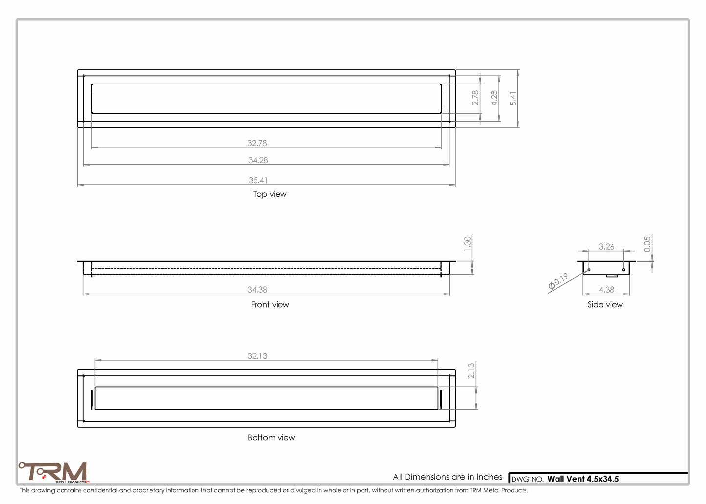 4.5x34.5 - Wall Vent - Modern Vent Cover -  Return Air Vent - TRM Metal  34.5x4.5