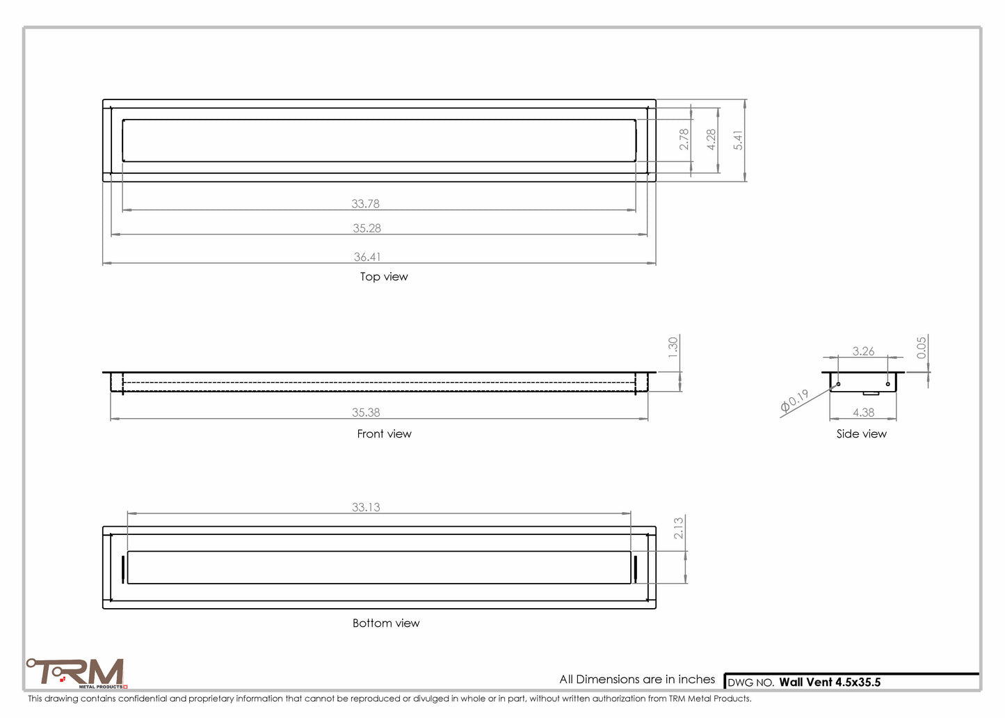 4.5x35.5 - Wall Vent - Modern Vent Cover -  Return Air Vent - TRM Metal  35.5x4.5