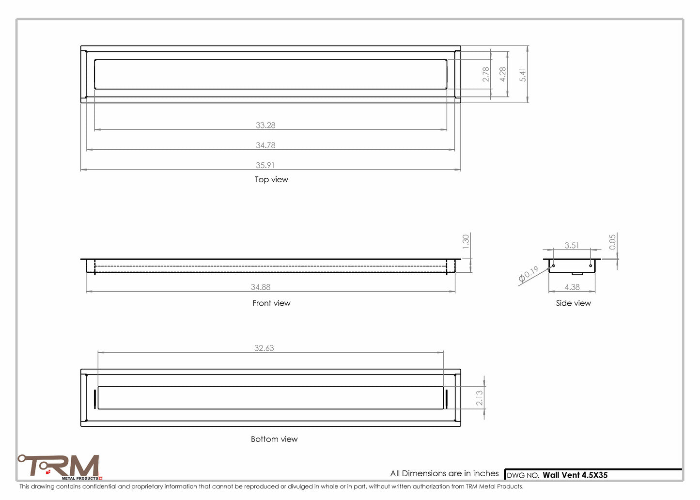 4.5x35 - Wall Vent - Modern Vent Cover -  Return Air Vent - TRM Metal  35x4.5